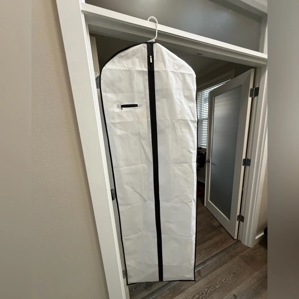 White Garment Storage Bag with Black Trim